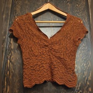 Shyanne Floral Lace V-Neck Burnt Orange/ Rust Crop Top w/Scalloped Edge Trim